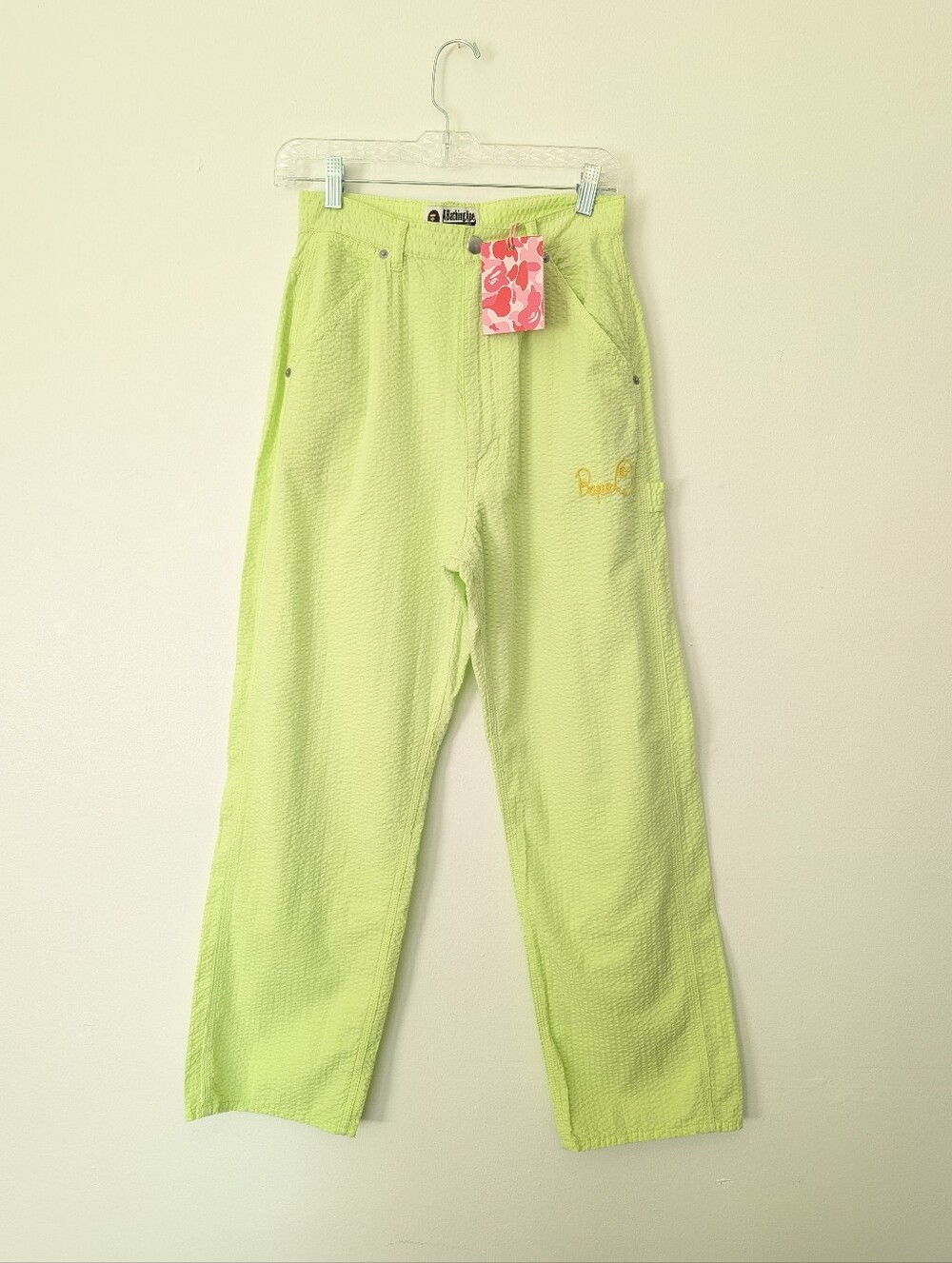NWT A Bathing Ape BAPE Lime Green Seersucker Carpenter Pants  W28 L27